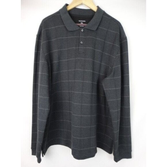 Van Heusen Men's Polo Golf Shirt Size XXL Gray Plaid Long Sleeve Collared Top - Picture 1 of 9